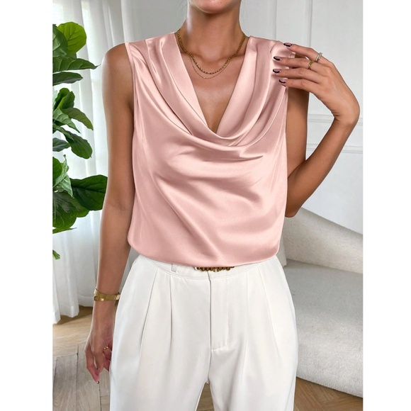 Satin Draped Cowl Neck Sleeveless Blouse Pink - Picture 6 of 7